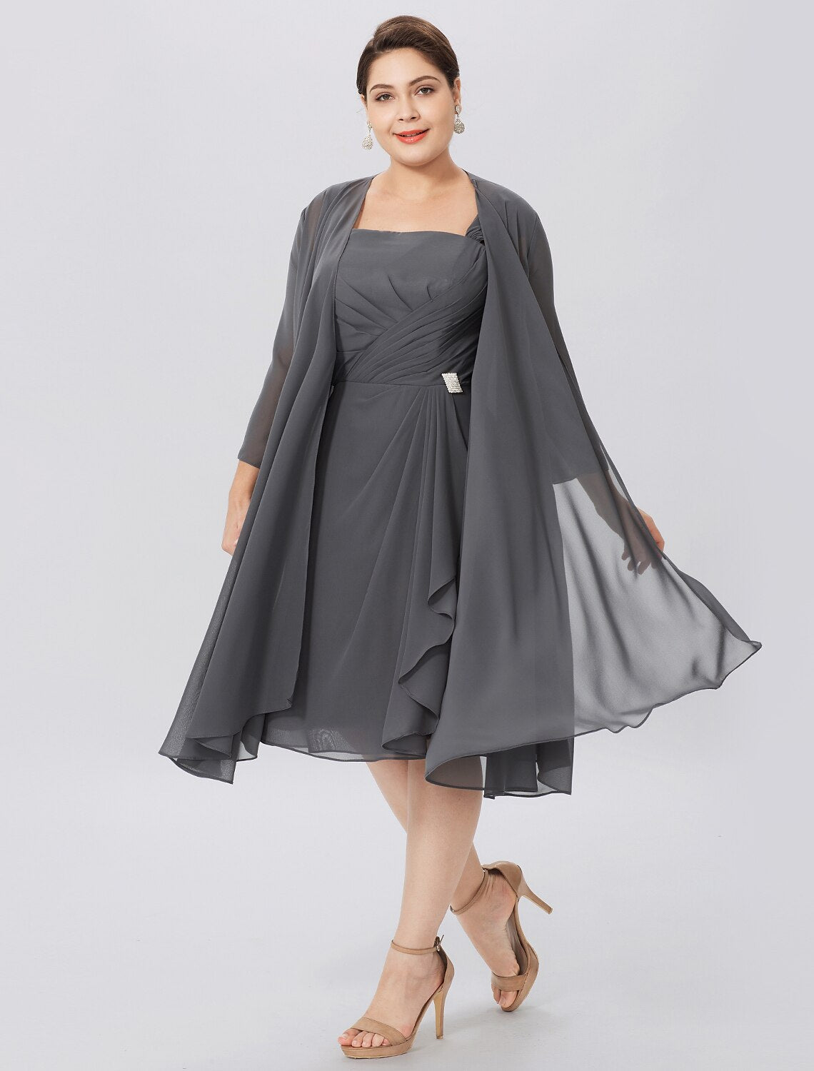 Abito da madre della sposa a trapezio, elegante, taglie forti, con spalline, lunghezza al ginocchio, in chiffon, senza maniche, con pieghe incrociate